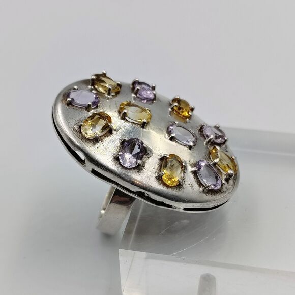 Sterling Silver 925 Amethyst Citrine Statement Oval Shield Shape Ring Sz 8 - Picture 2 of 16